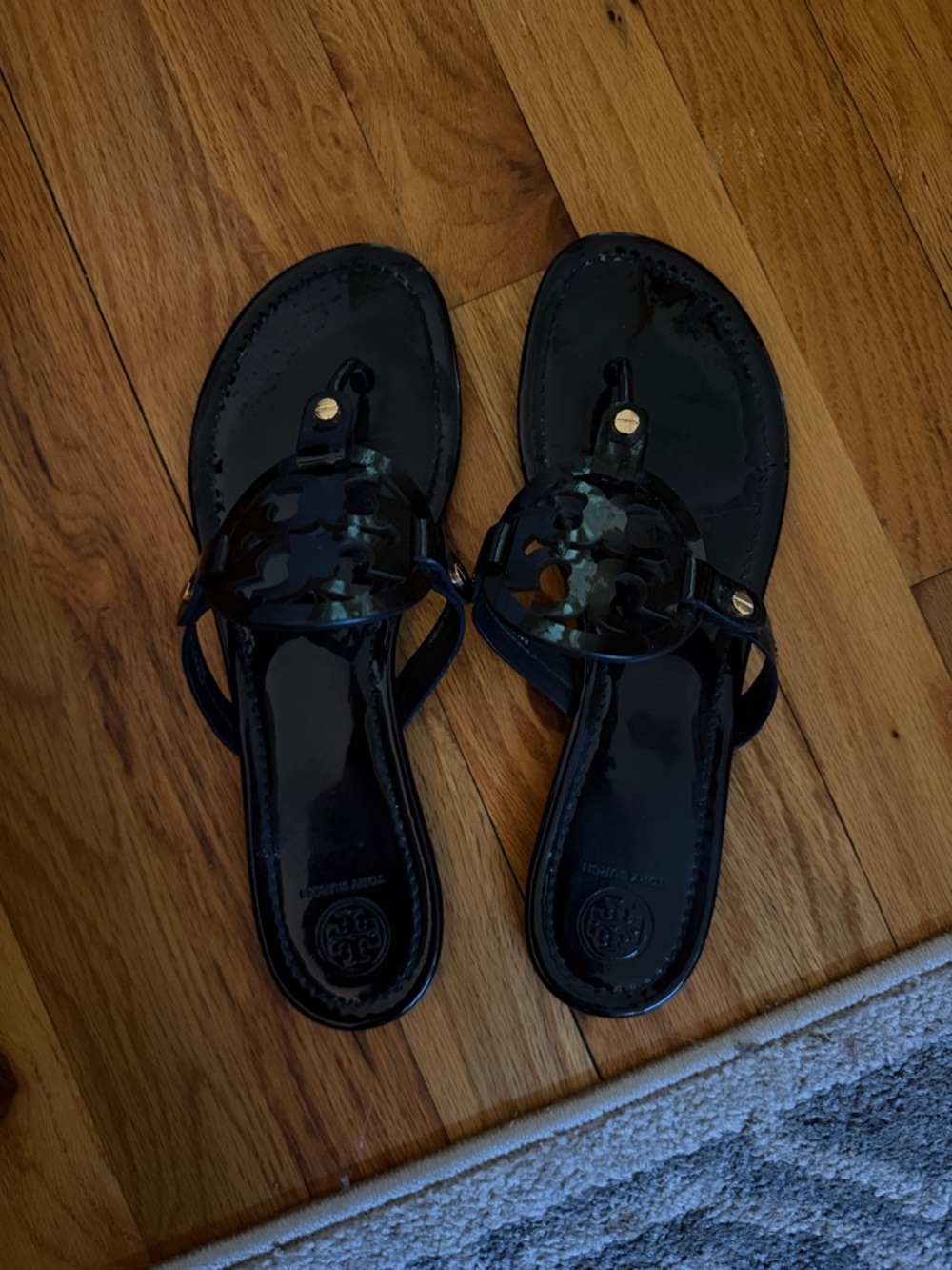 Tory Burch Black Patent T-Strap Miller Logo Sandals